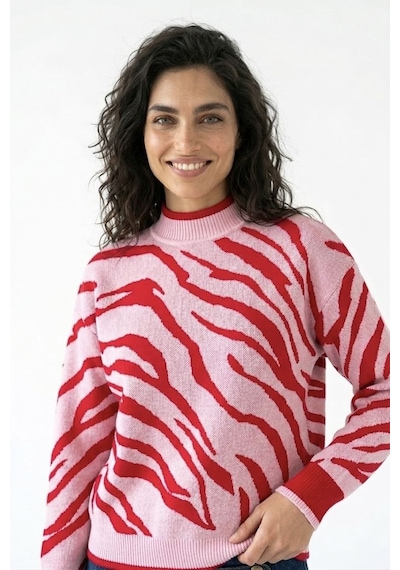 Neden Tekstil Kadın Premium Dik Yaka Zebra Desenli Triko Kazak - Pembe-kırmızı