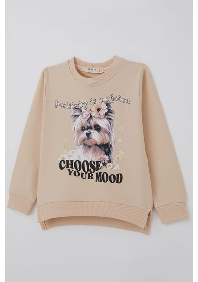 Breeze Kız Çocuk Sweatshirt Sevimli Köpekçik Baskılı Fiyonklu Yazı Baskılı 3-8 Yaş , Bej