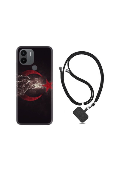 Xiaomi Redmi A1 Kılıf İpli Boyun Askılı Desenli Silikon Kurt ve Ay Yıldız 1403