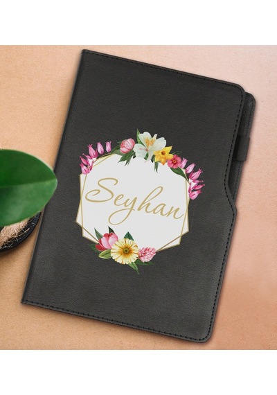 Bk Gift Kişiye Özel Çiçek Tasarımlı Siyah Termo Deri Not Defteri 15x21cm-9