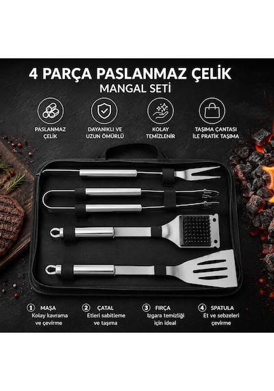 Paslanmaz Çelik Barbekü Mangal Aletleri Seti Maşa, Çatal, Spatula Ve Fırça 4 Parça Taşıma Çantalı