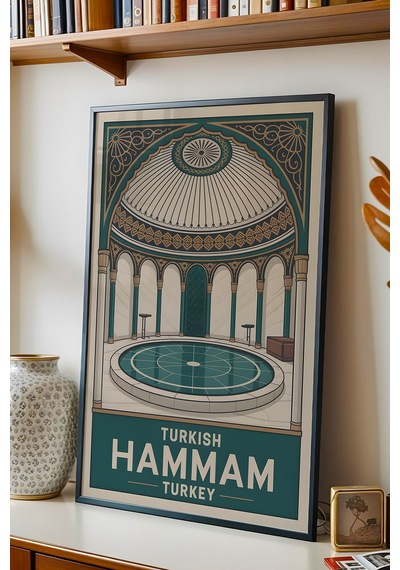 Türk Hamamı Tablo - Retro Banyo Dekoru - Geleneksel Hamam Kültürü Serisi - Çerçeveli Duvar Posteri Siyah