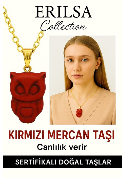 Erilsa Sertifikalı Baykuş Model Kırmızı Mercan Kolye Bilgelik,  Çok Renkli