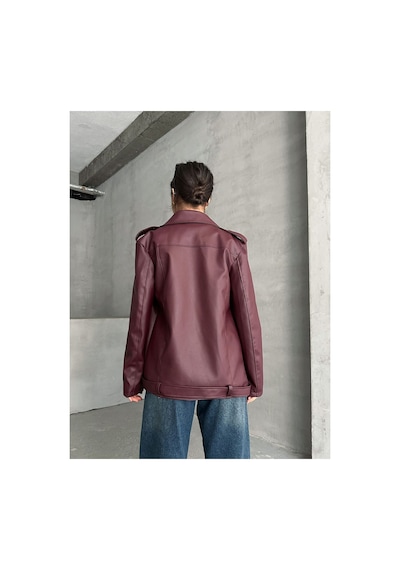 Meecy Kadın Oversize Biker Deri Ceket Bordo Bordo