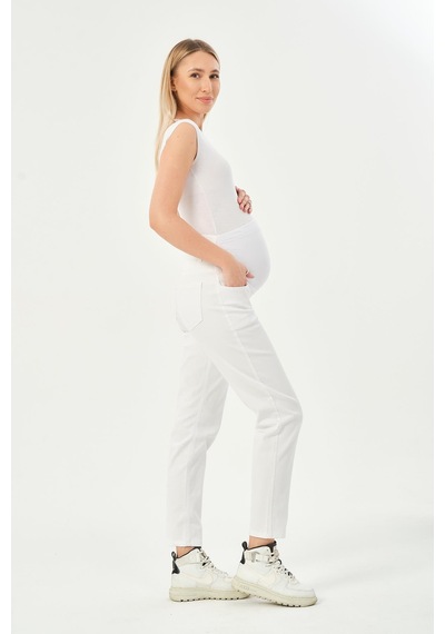 Busa Hamile Esnek Karın Bantlı Beli Ayarlanabilir Mom Fit Kot Pantolon Beyaz-beyaz