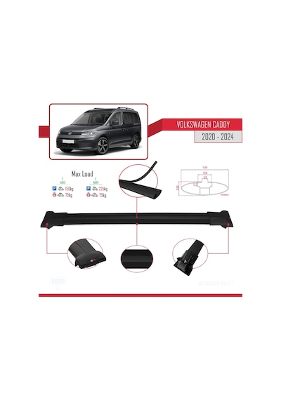 Volkswagen Caddy 2020 Ve Sonrası İle Uyumlu Fly Model Ara Atkı Tavan Barı Siyah