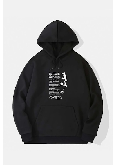 Hunors Sportswear & Company Atatürk Baskılı Unisex Model Kapüşonlu Sweatşhirt SIYAH