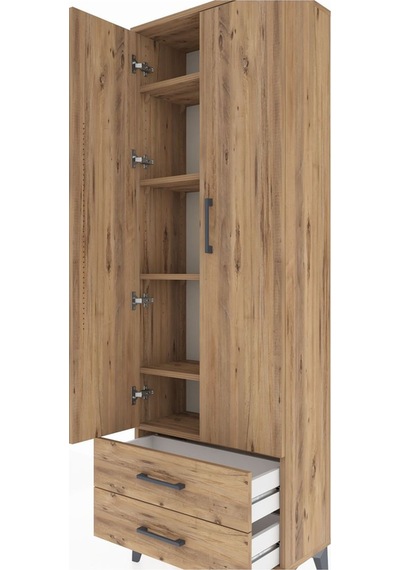 Arges Dolap 5 Raflı 2 Çekmeceli 2 Kapaklı 60x30x182 Çam-çam Çam