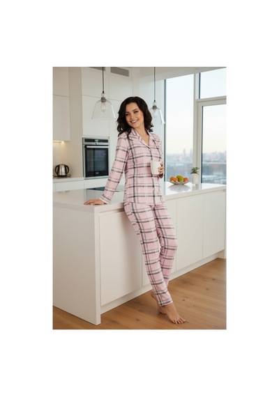 Bravie Luxury Viscose Pembe Ekose Desenli Büyük Beden Kadın Pijama Takımı 42531