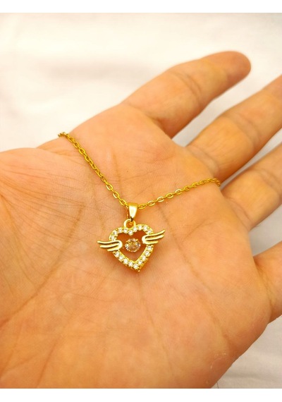 Zirkon Taşlı Kanatlı Kalp Kadın Kolye Gümüş Kaplama Gold Çok Renkli