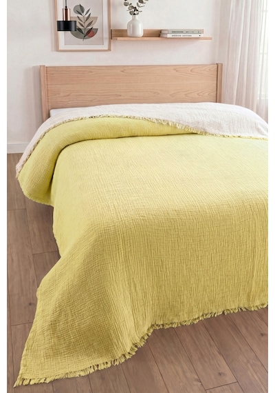 Tek Kişilik 4 Kat Müslin Yatak Örtüsü - %100 Pamuk, Çift Taraflı Müslin Pike - 170x240 Cm - Sarı
