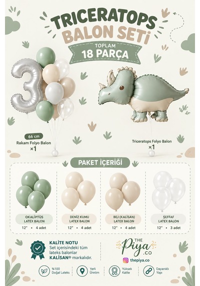 Triceratops / Dinazor Temalı Mini Balon Seti 17 Parça Soft Yeşil-beyaz-gri
