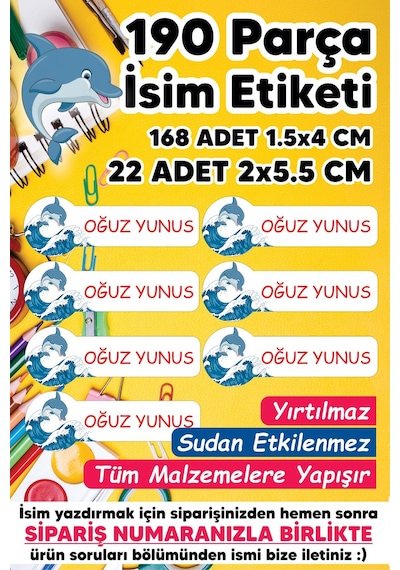 Okul Etiketi Kalem Defter Etiketi Yunus Temalı Özel Isim Yazılabilen Etiket - 190 Adet