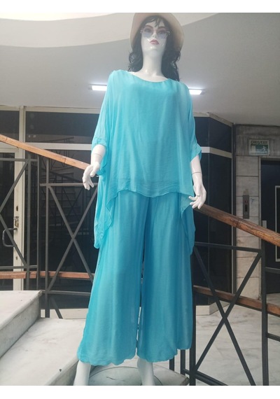 Bohem Stil İtalyan Yarasa Kol İpek Bluz & Pantolon Takım-8767 Turkuaz