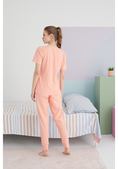 Siyah İnci Pamuklu Örme Pijama Takım 24117042 Somon