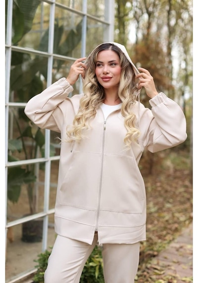 Esra Butik78 Kapüşonlu Dabıl Kumaş İkili Takım Siyah & Taş Renk Rahat Kalıp Günlük Şık Kombi Ekru Esra Butik78 Kapüşonlu Dabıl Kumaş İkili Takım Siyah & Taş Renk Rahat Kalıp Günlük Şık Kombi Ekru