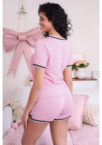 Bella Notte Jacquard Pembe Dantel Detaylı Şortlu Pijama Takımı