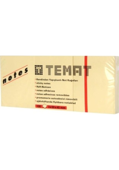 Temat Yapışkanlı Not Kağıdı 100 Ypr Pastel Sarı 3X50X40 Mm 11230