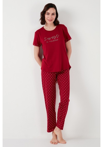 Lela Yumuşak Dokulu Bisiklet Yaka Bayan Pijama Takımı 6097605 Bordo