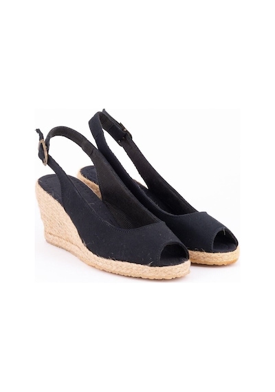 Star Tombis Gerçek Elişi Burnu Açık Arkası Bantlı Dolgu Topuk Siyah Keten Hasır Espadril Handmade Siyah