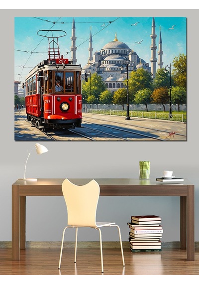 Kırmızı Tramvay İstanbul Şehri Dekoratif Kanvas - Mdf Ahşap Tablo