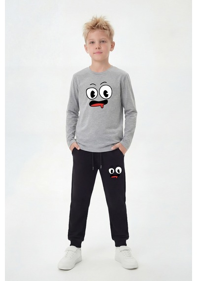 Panios Kids Yuvarlak Yaka Sweatshirt Paça Lastikli Eşofman Alt Baskılı Uzun Kollu Erkek Çocuk Alt Üst Takım Gri