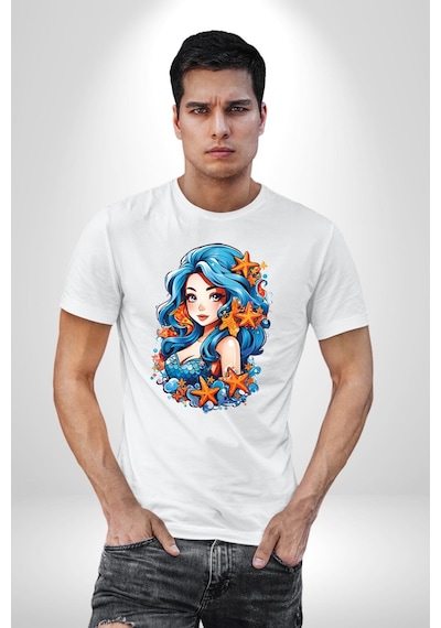 Deniz Kızı Deniz Yıldızı Mavi Saçlı Unisex Unisex Beyaz Organik Baskılı T-shirt Penye Yüksek Kalite Beyaz