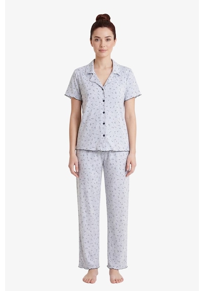 Cottonhill Gri Çiçek Desenli Pointel Gömlek Yaka Kadın Pijama Takımı Okyanus