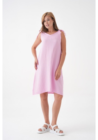 Mg Otantik %100 Pamuk Müslin Kumaş İp Askılı Elbise Mg-20251 Pembe