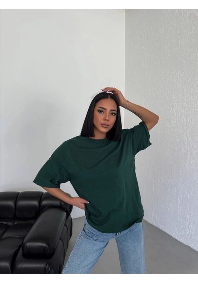 Kadın Düz T-shirt Kısa Kol Bisiklet Yaka Oversize Rahat Kalıp Günlük Tişört - Haki