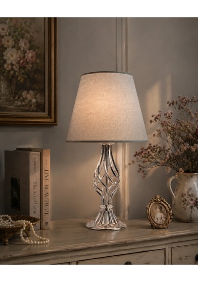 Gri Kumaş Başlık Metal Burgu Ayaklı Modern Abajur 50x25 Cm