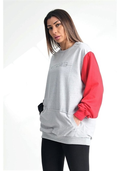 Genel Gri Kolları Garnili Kanguru Cepli Sweatshirt