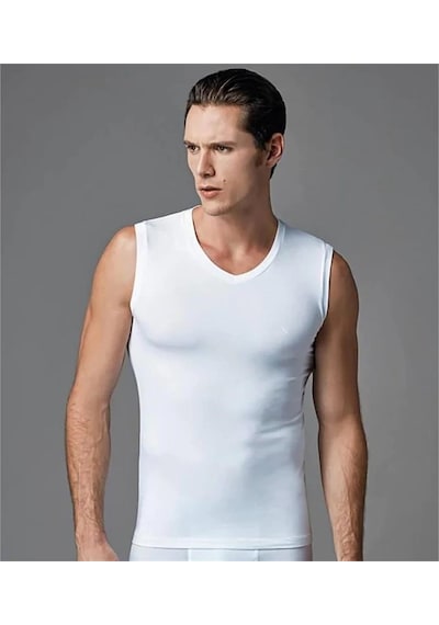 Eros Ers006 Compact Erkek V Yaka Atlet Kolsuz Erkek T-shirt İkili Paket - Beyaz Beyaz