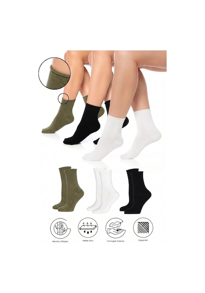 Saysez Bambu Kadın Lastiksiz Siyah-beyaz-haki Soket Dikişsiz Premium Çorap 3'lü Paket / İz Bırakmaz / Sıkmayan Çorap Çok Renkli