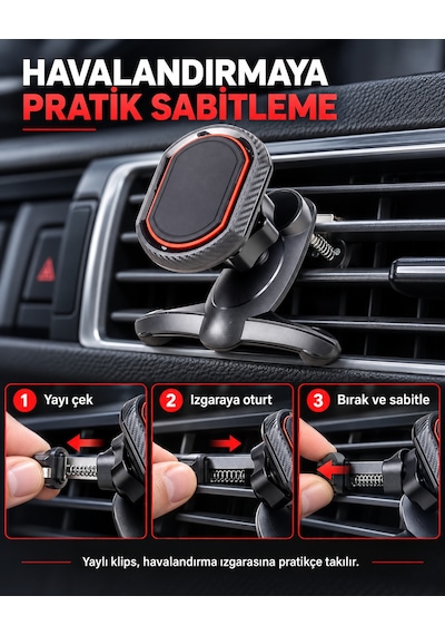 Dexxony A23 Mıknatıslı Klipsli Havalandırma Araç İçi Telefon Tutucu 360 Metal Plakalı Siyah