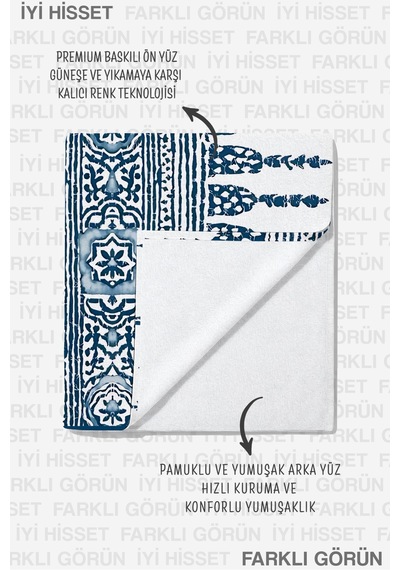 Bohem Etnik Desenli Plaj Havlusu - Akdeniz Stil Lacivert Beyaz Havuz Deniz Hızlı Kuruyan Plaj Örtüsü Çiy İncisi