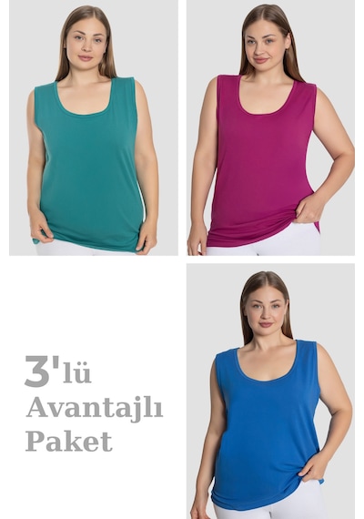 Arma Yıldız Kadın Pamuklu Büyük Beden Kalın Askılı Atlet 3'lü Paket Mavi Yeşil Mor