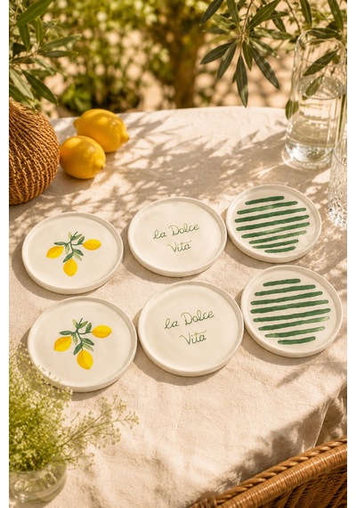 Amalfi 6 Adet 16 Cm Seramik Tatlı Tabağı Seti Akdeniz Esintili Limon Desenli Pasta Ve Sunum Tabağı Beyaz