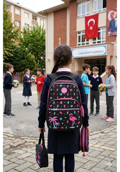 Waddell Flamingo Desenli Ilkogretim Cantasi Beslenbe Cantasi Kalemlik 3 Lu Set Siyah Pembe Siyah-pembe