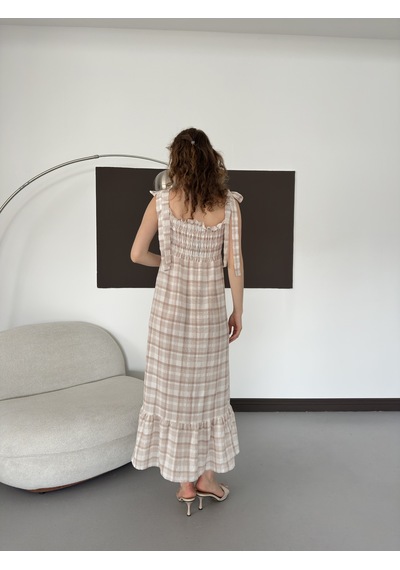 Verymoda Kadın Ekose Desenli Askı Bağlama Detaylı Maxi Elbise Kahve