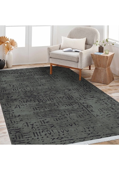 Çam Halı Crea Decolux Vena 8016 Antrasit Özel Kaymaz Tabanlı Pamuk Dokuma Kilim - 80x150