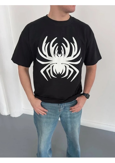 Efnaz Style Erkek Örümcek Baskılı Tişört Kısa Kollu Bisiklet Yaka T-shirt - Siyah