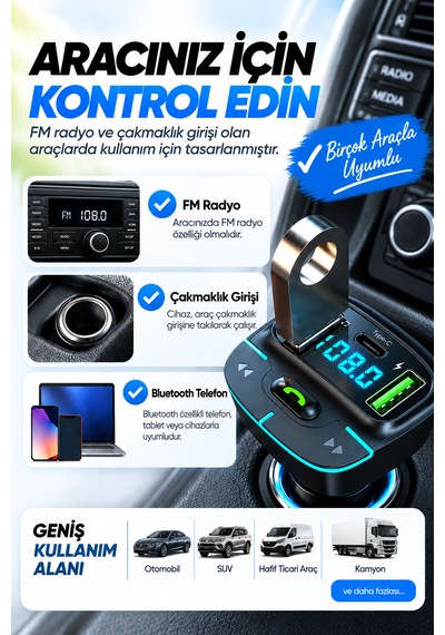 Bluetooth Fm Transmitter Araç Kiti Usb Type-c Hızlı Şarj Hd Mikrofon
