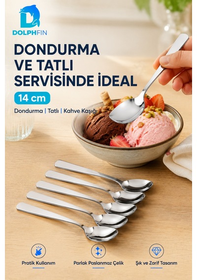6 Lı 14 Cm Paslanmaz Çelik Tatlı Kaşığı Dondurma Kahve Kaşık Seti Inox
