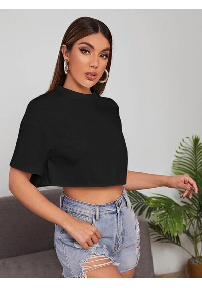 Flood Of Style Kadın Siyah Bisiklet Yaka Oversize Crop T-shirt