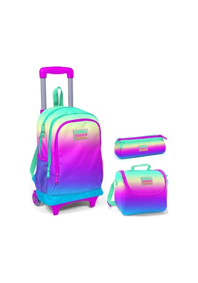 Coral High Pembe Yeşil Mavi Kız Çocuk Çekçek Çanta Seti - Işıklı Tekerlekler
