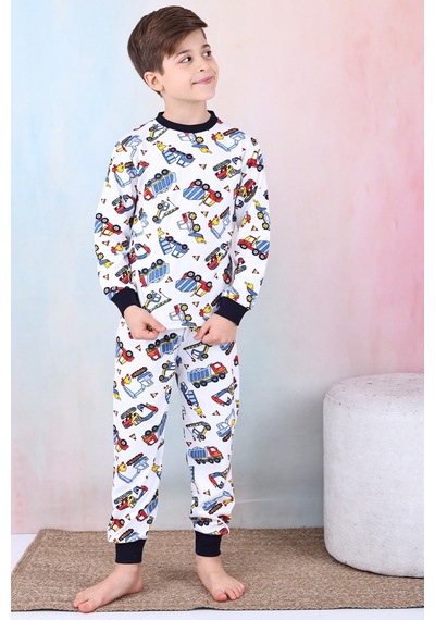 Modanino Erkek Çocuk İş Makineleri Baskılı Pijama Takımı 1-7 Yaş 12291 Beyaz