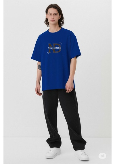 Nevermind Baskılı Oversize Tişört Erkek Streetwear T-shirt Lacivert