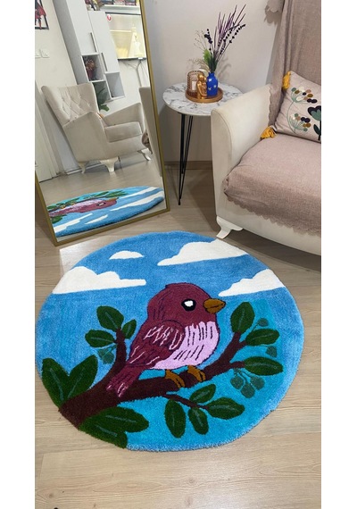 El Yapımı Tufting Kuş Temalı Yuvarlak Halı / Paspas Açık Mavi