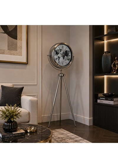 Krom Zaman Atlası 150 X 45 Cm Metal Duvar Saati